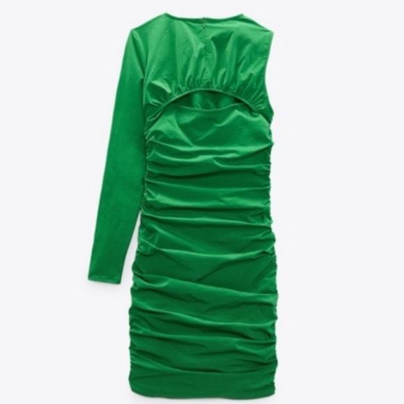 Zara Green Ruched One Sleeve Dress Size S Kelly Green Bodycon Edgy - Picture 2 of 7